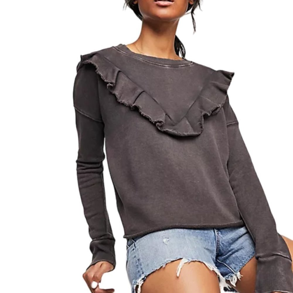 Free People Ooh La Ruffle Pullover Rib Trim Sweatshirt Gray Medium